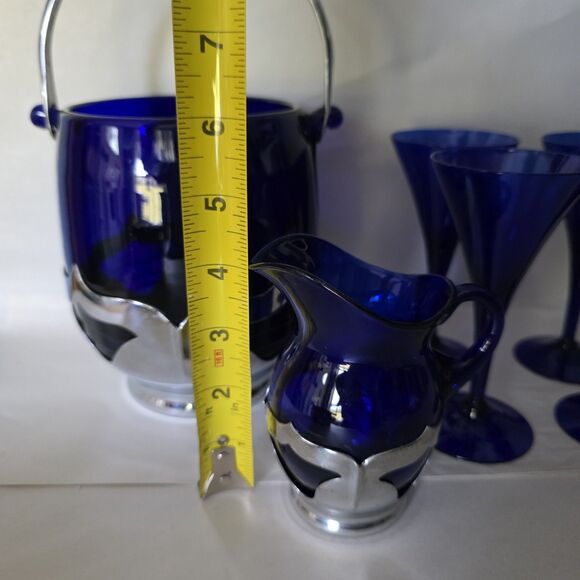 Lot Vintage Farber Bros Cobalt Blue Glass Ice Bucket, Creamer Art Deco 4 Glasses - Picture 10 of 16